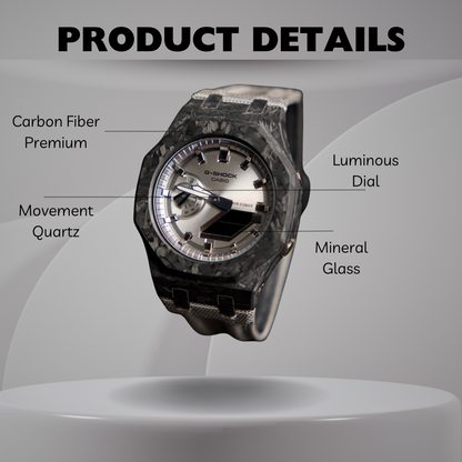 Montre CasiOak Custom – Full Silver Carbon Fiber - Nylon Canvas Velcro Strap - Mod G-Shock GA2100