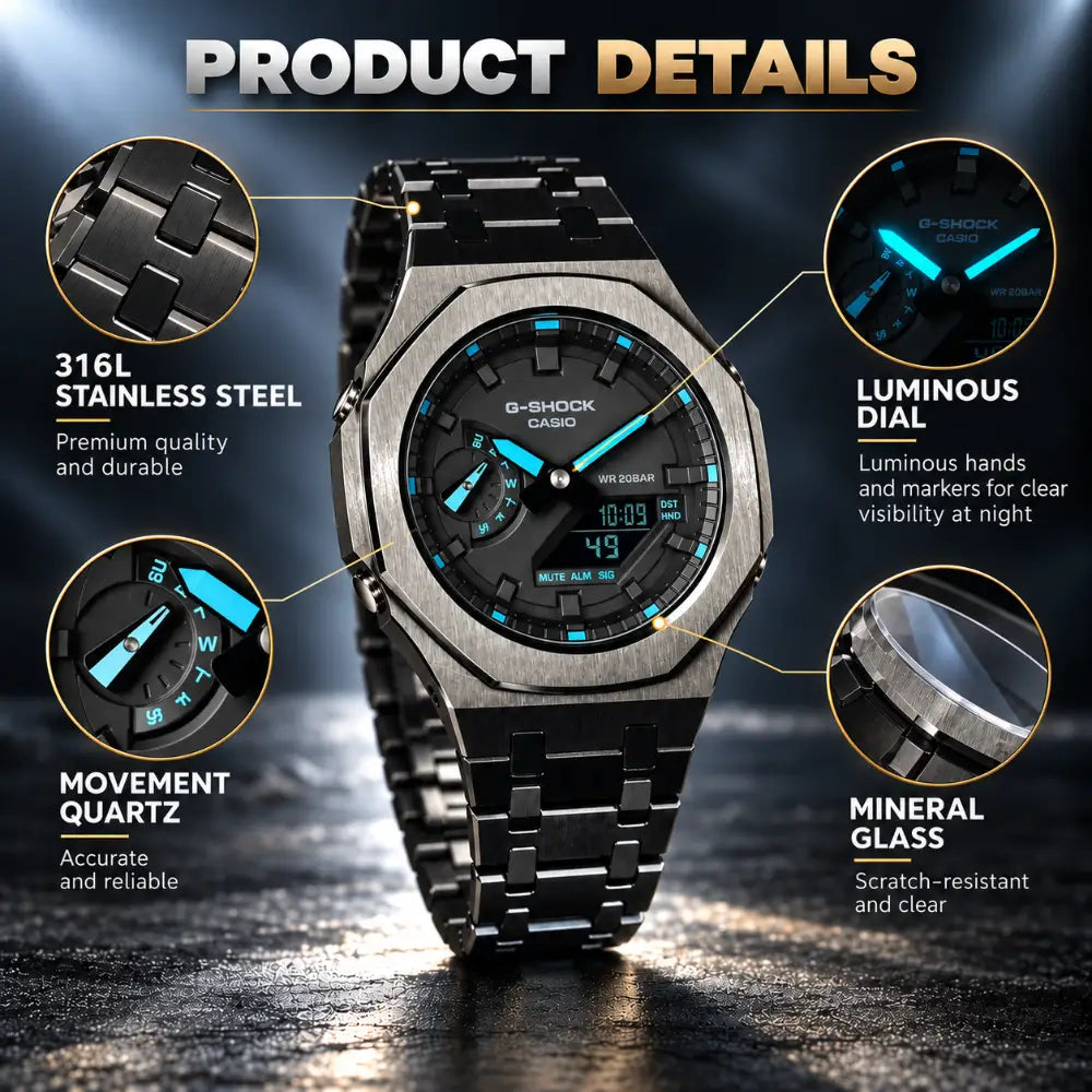 Montre CasiOak Custom – Black Blue Steel - Mod G-Shock GA2100