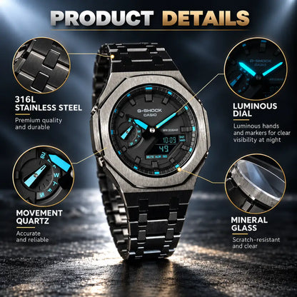 Montre CasiOak Custom – Black Blue Steel - Mod G-Shock GA2100