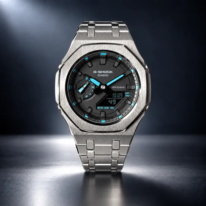 Montre CasiOak Custom – Black Blue Steel - Mod G-Shock GA2100 - Argent