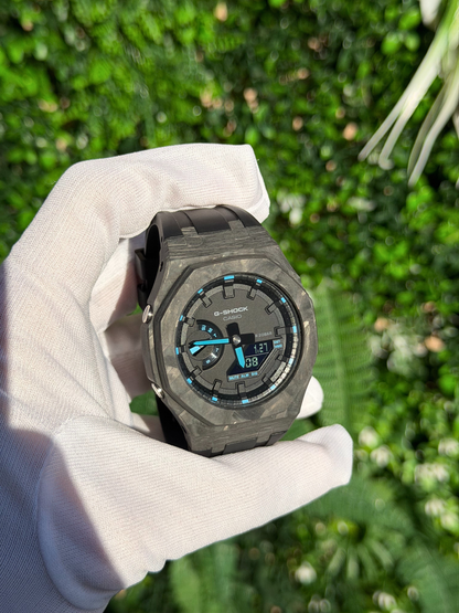 Montre CasiOak Custom – Black Carbon Fiber Luminous Full Blue - Mod G-Shock GA2100