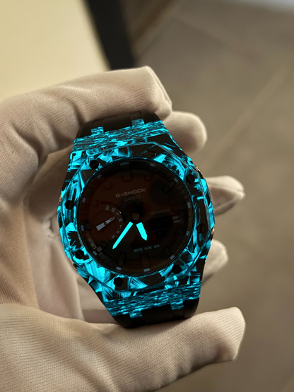 Montre CasiOak Custom – Black Carbon Fiber Luminous Full Blue - Mod G-Shock GA2100