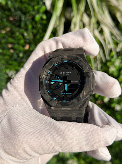 Montre CasiOak Custom – Black Carbon Fiber Luminous Full Blue - Mod G-Shock GA2100