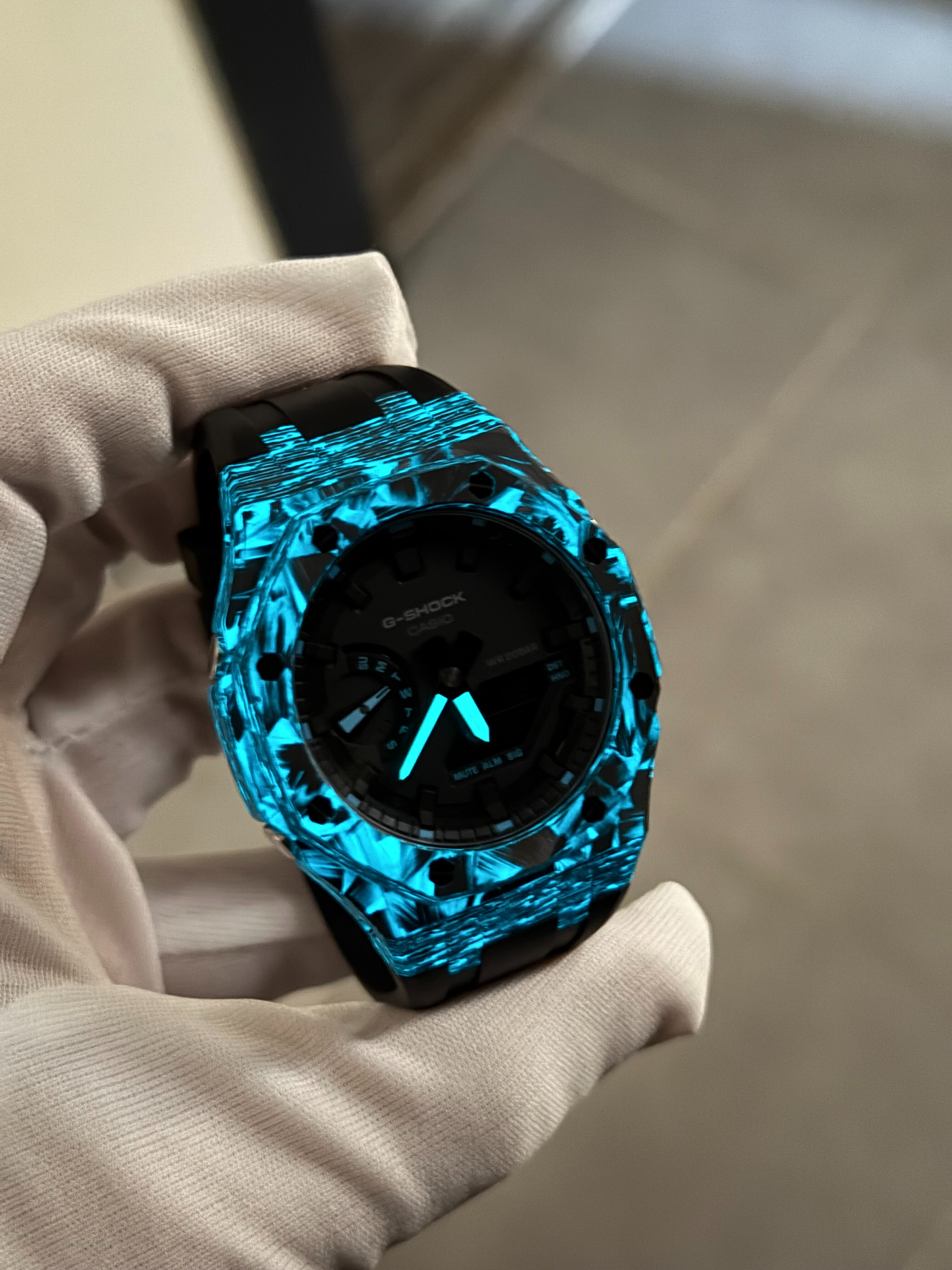 Montre CasiOak Custom – Black Carbon Fiber Luminous Full Blue - Mod G-Shock GA2100