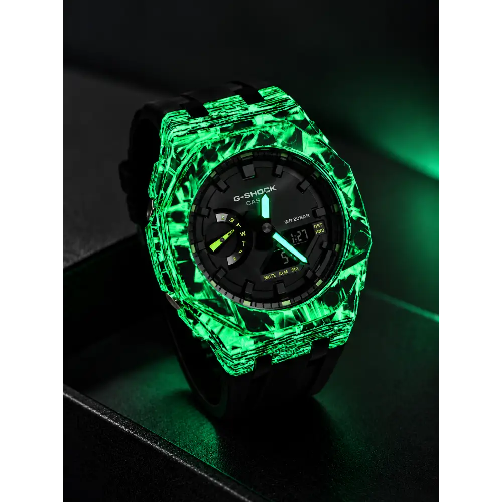 Montre CasiOak Custom – Black Carbon Fiber Luminous Full Green - Mod G-Shock GA2100