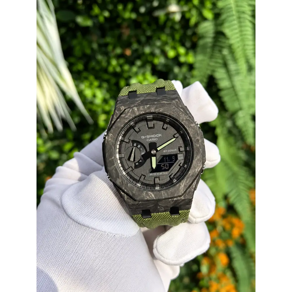 Montre CasiOak Custom – Black Green Carbon Fiber - Nylon Canvas Velcro Strap - Mod G-Shock GA2100