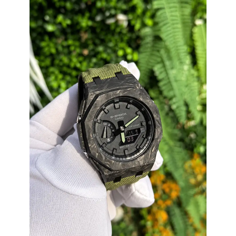 Montre CasiOak Custom – Black Green Carbon Fiber - Nylon Canvas Velcro Strap - Mod G-Shock GA2100