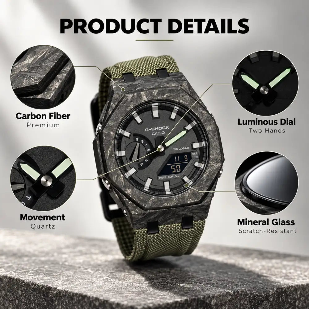 Montre CasiOak Custom – Black Green Carbon Fiber - Nylon Canvas Velcro Strap - Mod G-Shock GA2100