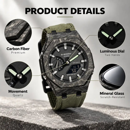 Montre CasiOak Custom – Black Green Carbon Fiber - Nylon Canvas Velcro Strap - Mod G-Shock GA2100