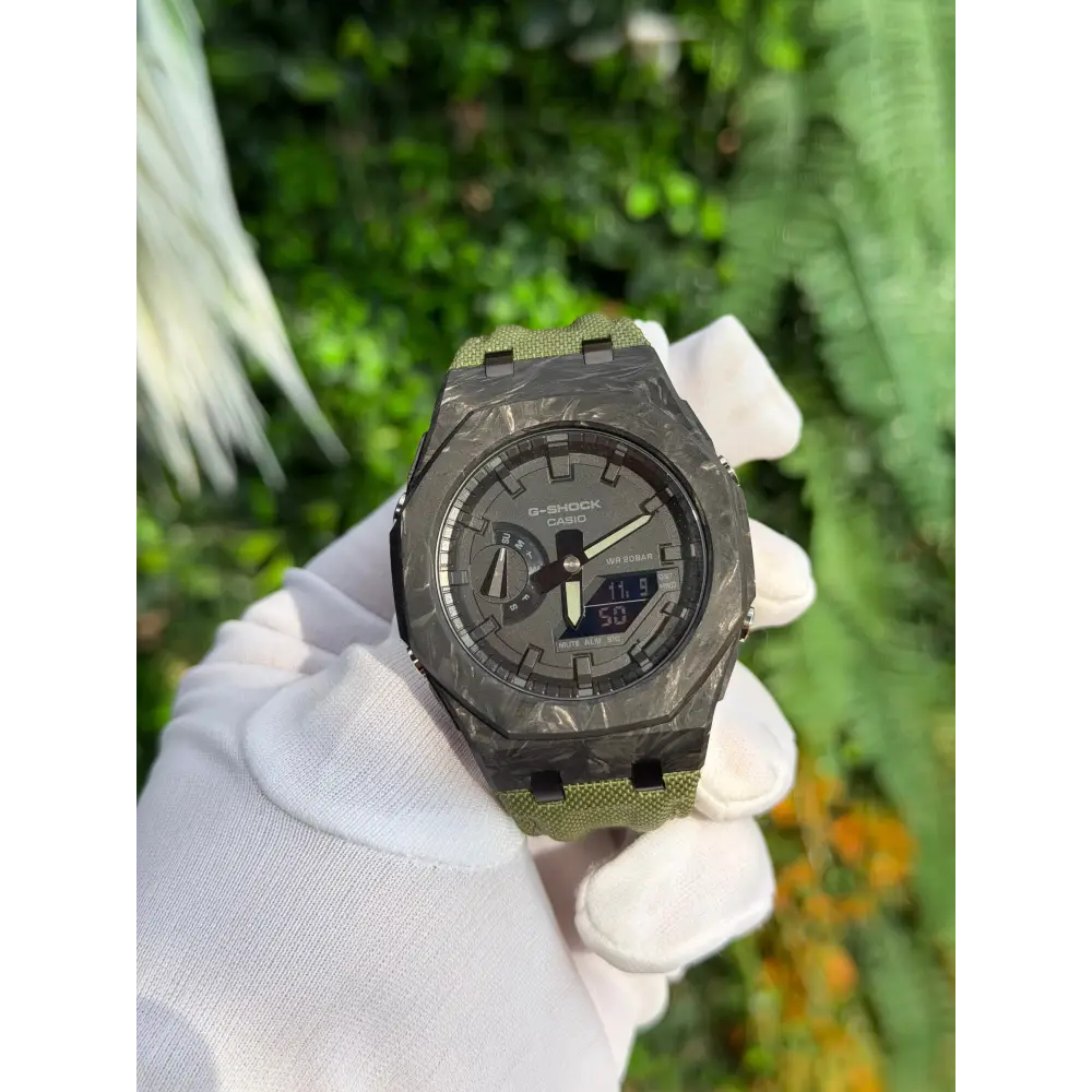 Montre CasiOak Custom – Black Green Carbon Fiber - Nylon Canvas Velcro Strap - Mod G-Shock GA2100