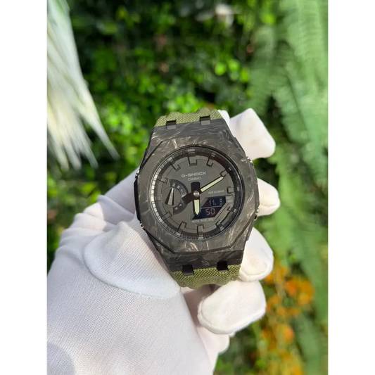 Montre CasiOak Custom – Black Green Carbon Fiber - Nylon Canvas Velcro Strap - Mod G-Shock GA2100