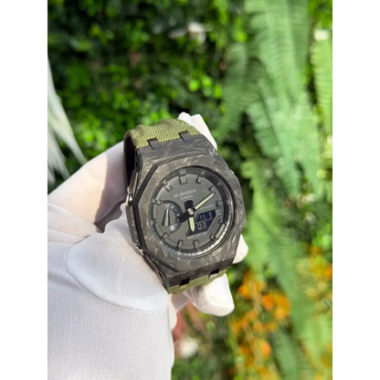 Montre CasiOak Custom – Black Green Carbon Fiber - Nylon Canvas Velcro Strap - Mod G-Shock GA2100