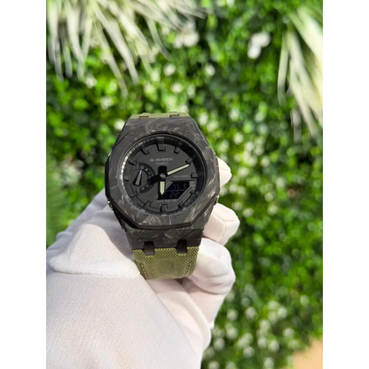 Montre CasiOak Custom – Black Green Carbon Fiber - Nylon Canvas Velcro Strap - Mod G-Shock GA2100