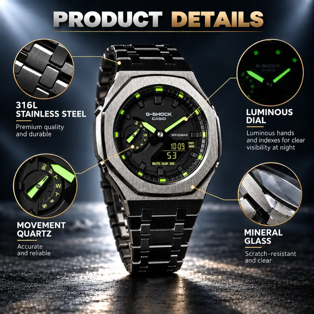 Montre CasiOak Custom – Black Green Steel - Mod G-Shock GA2100