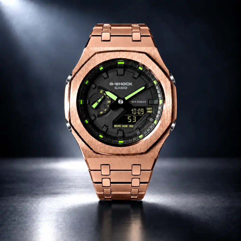 Montre CasiOak Custom – Rose Gold Green Steel - Mod G-Shock GA2100