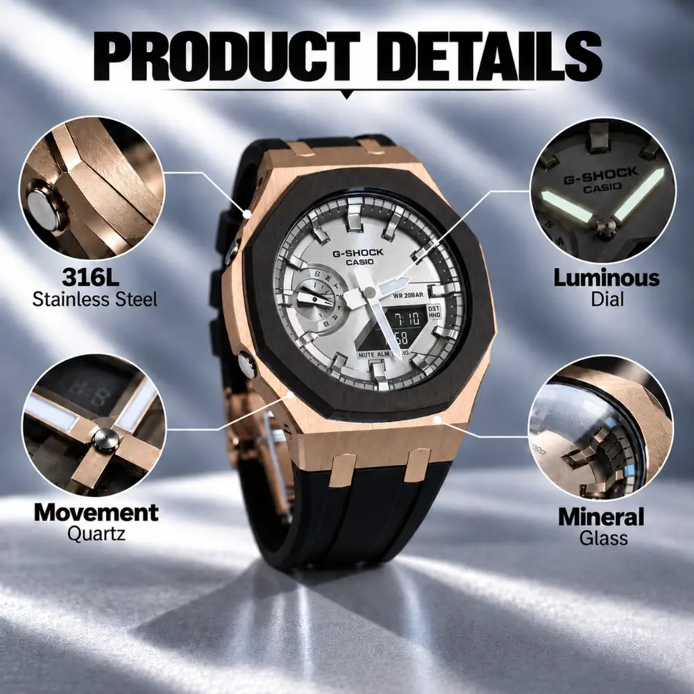 Casio G-Shock Mod Watch - Black Grey Rose Gold - GA-2100 Custom Casioak