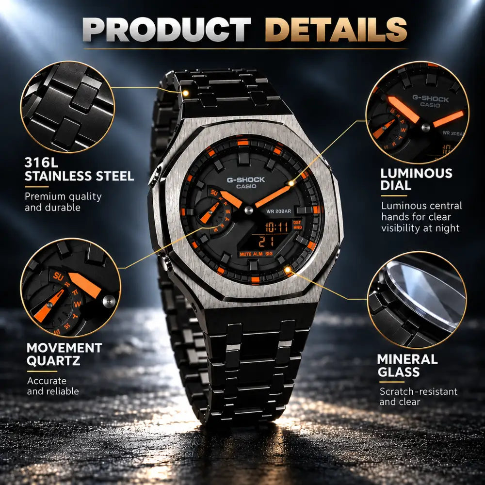 CasiOak Custom Watch – Black Orange Steel - G-Shock GA2100 Mod