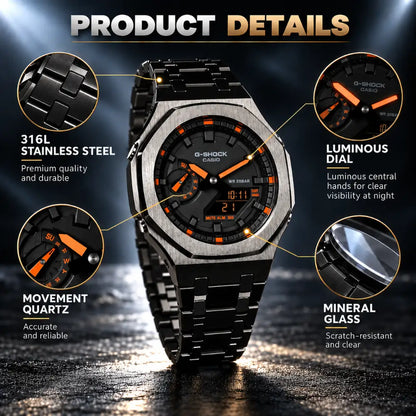 CasiOak Custom Watch – Black Orange Steel - G-Shock GA2100 Mod
