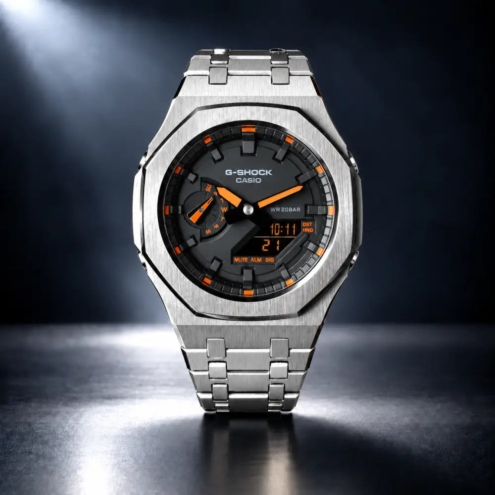 CasiOak Custom Watch – Silver Orange Steel - Mod G-Shock GA2100