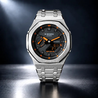 CasiOak Custom Watch – Silver Orange Steel - Mod G-Shock GA2100