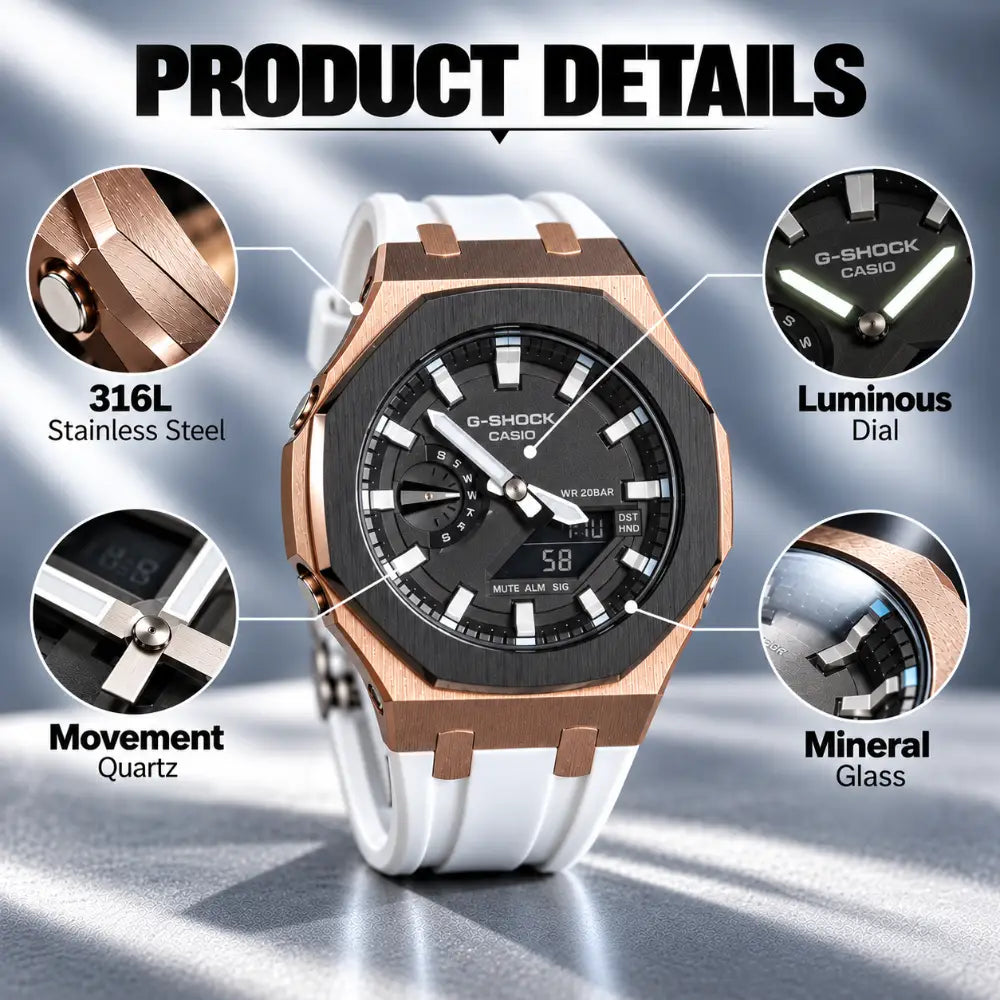 Montre CasiOak Custom – Black White Rose Gold - Mod G-Shock GA2100