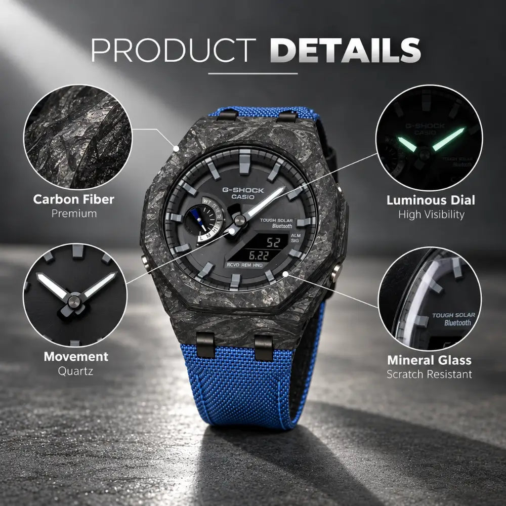 Montre CasiOak Custom – Blue Bluetooth Carbon Fiber - Nylon Canvas Velcro Strap - Mod G-Shock GAB2100