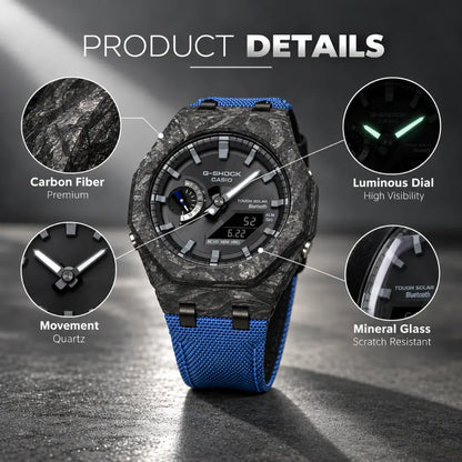 Montre CasiOak Custom – Blue Bluetooth Carbon Fiber - Nylon Canvas Velcro Strap - Mod G-Shock GAB2100