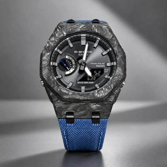 Montre CasiOak Custom – Blue Bluetooth Carbon Fiber - Nylon Canvas Velcro Strap - Mod G-Shock GAB2100