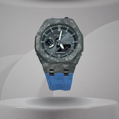 Montre CasiOak Custom – Blue Bluetooth Carbon Fiber - Nylon Canvas Velcro Strap - Mod G-Shock GAB2100