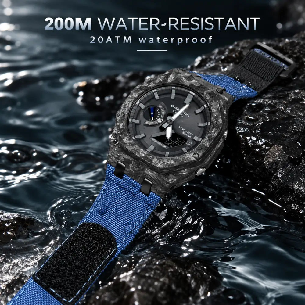 Montre CasiOak Custom – Blue Bluetooth Carbon Fiber - Nylon Canvas Velcro Strap - Mod G-Shock GAB2100