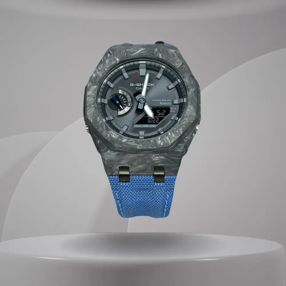Montre CasiOak Custom – Blue Bluetooth Carbon Fiber - Nylon Canvas Velcro Strap - Mod G-Shock GAB2100
