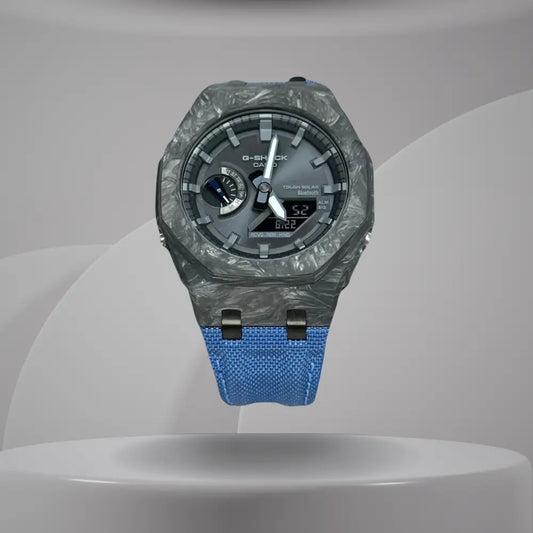 Montre CasiOak Custom – Blue Bluetooth Carbon Fiber - Nylon Canvas Velcro Strap - Mod G-Shock GAB2100