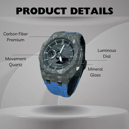 Montre CasiOak Custom – Blue Bluetooth Carbon Fiber - Nylon Canvas Velcro Strap - Mod G-Shock GAB2100