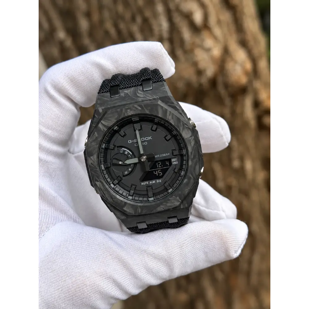 Montre CasiOak Custom – Full Black Carbon Fiber - Nylon Canvas Velcro Strap - Mod G-Shock GA2100