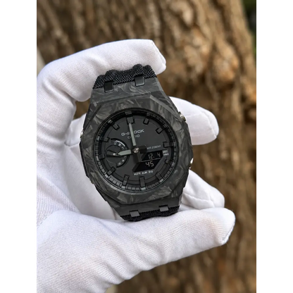 Montre CasiOak Custom – Full Black Carbon Fiber - Nylon Canvas Velcro Strap - Mod G-Shock GA2100