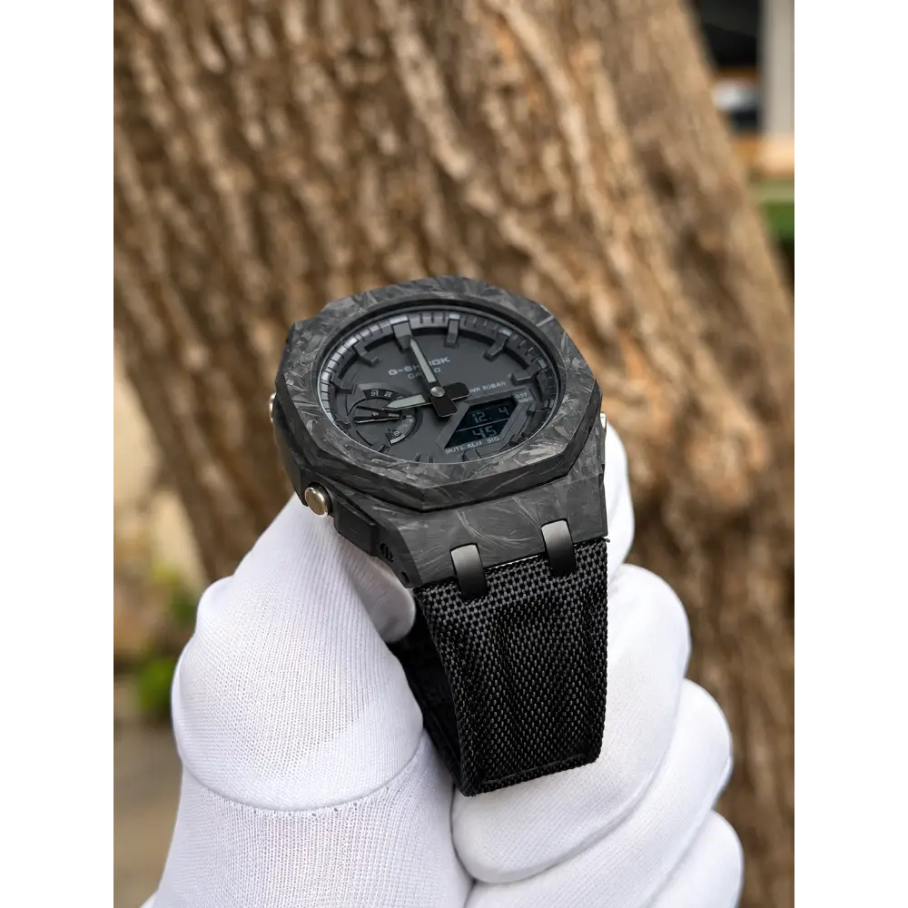 Montre CasiOak Custom – Full Black Carbon Fiber - Nylon Canvas Velcro Strap - Mod G-Shock GA2100
