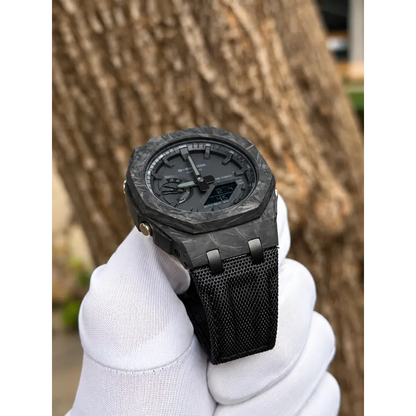 Montre CasiOak Custom – Full Black Carbon Fiber - Nylon Canvas Velcro Strap - Mod G-Shock GA2100