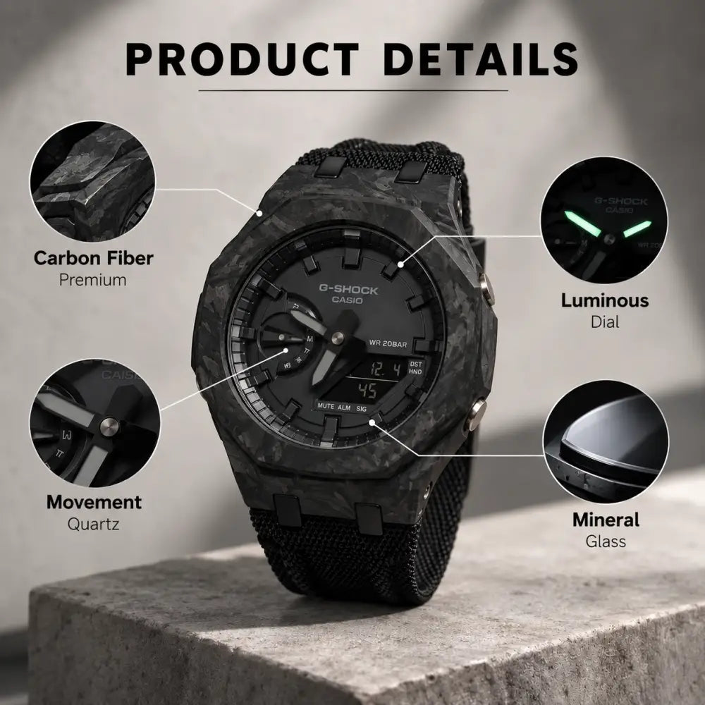 Montre CasiOak Custom – Full Black Carbon Fiber - Nylon Canvas Velcro Strap - Mod G-Shock GA2100