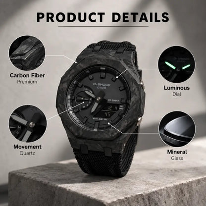 Montre CasiOak Custom – Full Black Carbon Fiber - Nylon Canvas Velcro Strap - Mod G-Shock GA2100