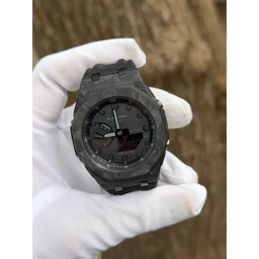 Montre CasiOak Custom – Full Black Carbon Fiber - Nylon Canvas Velcro Strap - Mod G-Shock GA2100