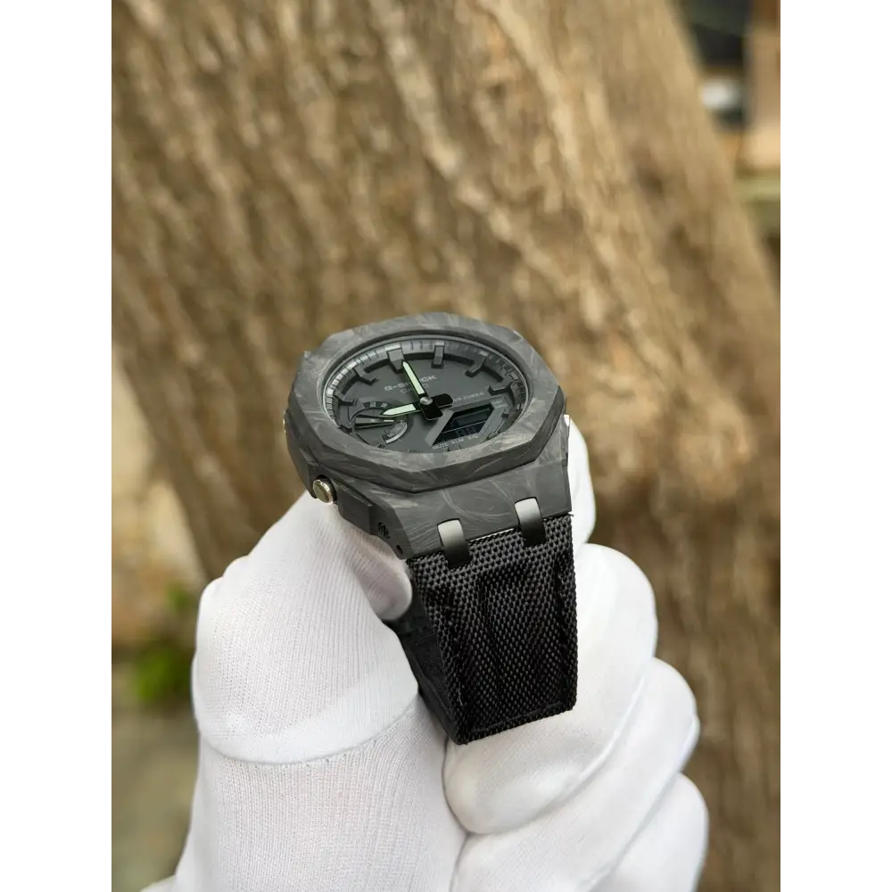 Montre CasiOak Custom – Full Black Carbon Fiber - Nylon Canvas Velcro Strap - Mod G-Shock GA2100