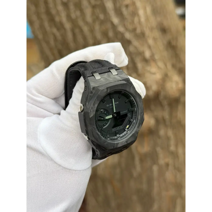 Montre CasiOak Custom – Full Black Carbon Fiber - Nylon Canvas Velcro Strap - Mod G-Shock GA2100