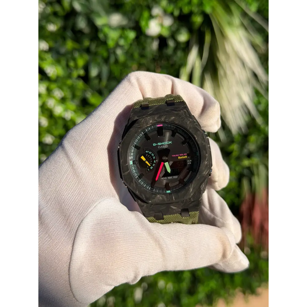 Montre CasiOak Custom – Full Green Bluetooth Carbon Fiber - Nylon Canvas Velcro Strap - Mod G-Shock GAB2100