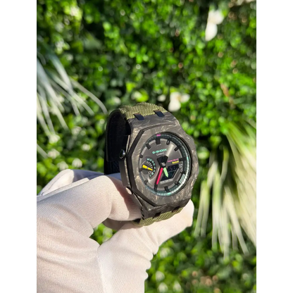 Montre CasiOak Custom – Full Green Bluetooth Carbon Fiber - Nylon Canvas Velcro Strap - Mod G-Shock GAB2100