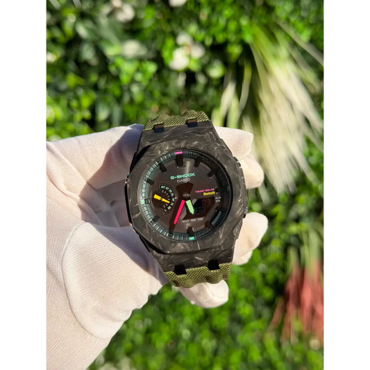 Montre CasiOak Custom – Full Green Bluetooth Carbon Fiber - Nylon Canvas Velcro Strap - Mod G-Shock GAB2100