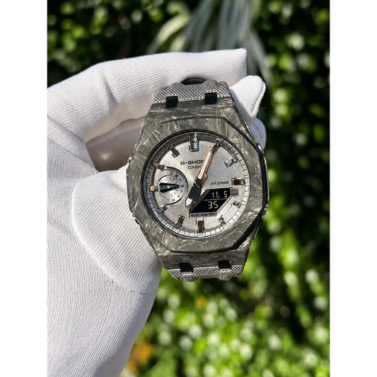 Montre CasiOak Custom – Full Silver Carbon Fiber - Nylon Canvas Velcro Strap - Mod G-Shock GA2100