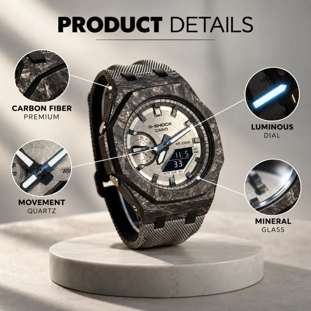 Montre CasiOak Custom – Full Silver Carbon Fiber - Nylon Canvas Velcro Strap - Mod G-Shock GA2100