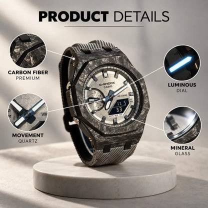 Montre CasiOak Custom – Full Silver Carbon Fiber - Nylon Canvas Velcro Strap - Mod G-Shock GA2100