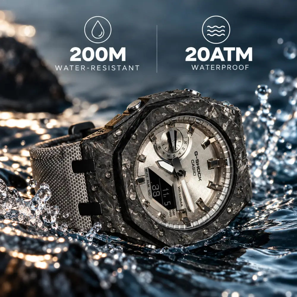Montre CasiOak Custom – Full Silver Carbon Fiber - Nylon Canvas Velcro Strap - Mod G-Shock GA2100