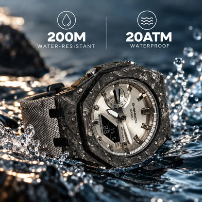 Montre CasiOak Custom – Full Silver Carbon Fiber - Nylon Canvas Velcro Strap - Mod G-Shock GA2100